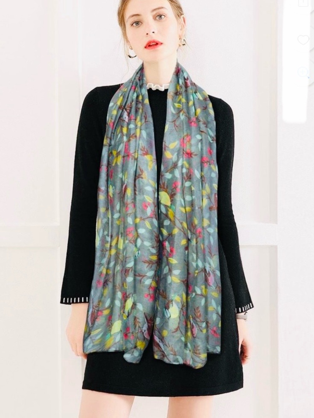 Large Gauzy Scarf Wrap Little Birds Allover Print